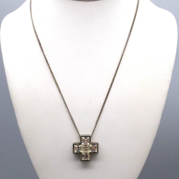 Distressed Crystal Cross Pendant Necklace, Retro Grunge with Square Cut Stones o - Picture 2 of 5